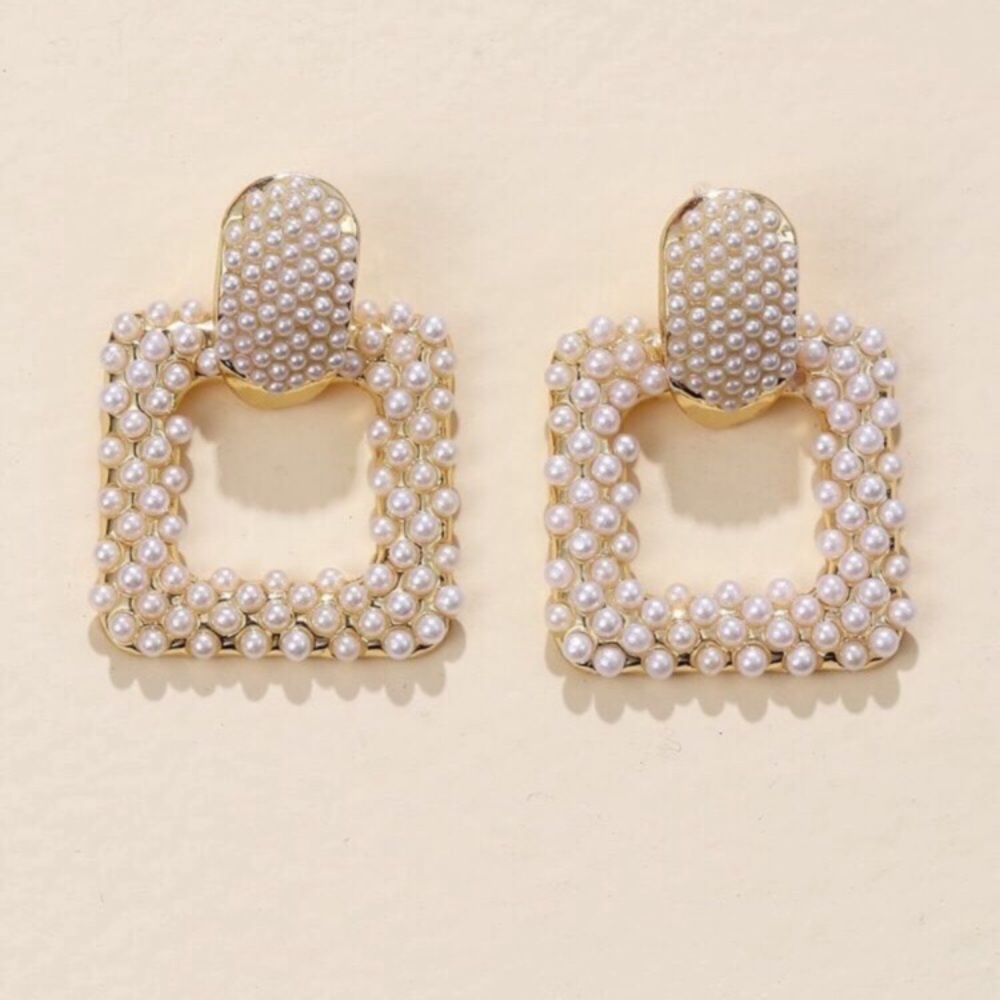 ZARA Pearl Earrings Square Doorknocker Large Gold - Picture 3 of 6